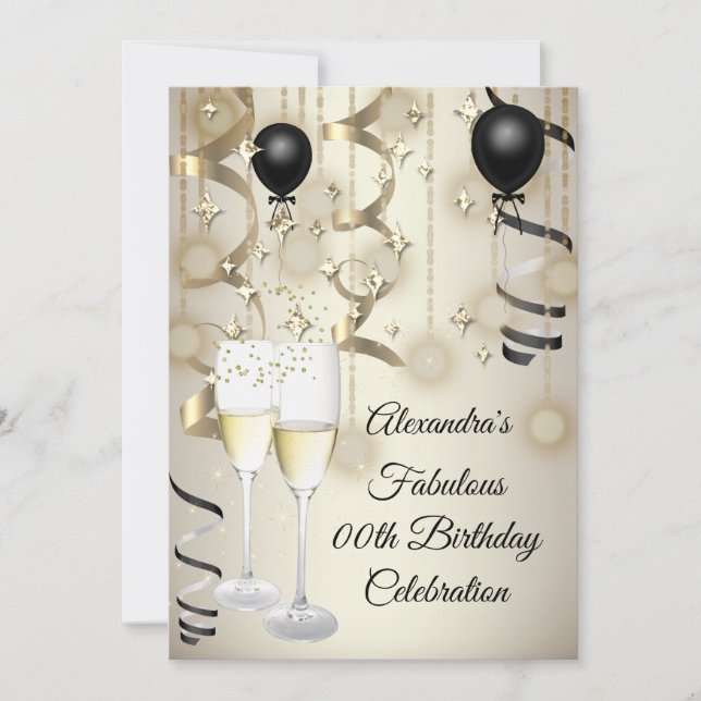 Invitation Anniversaire beige Or noir Balloon champagne (Devant)