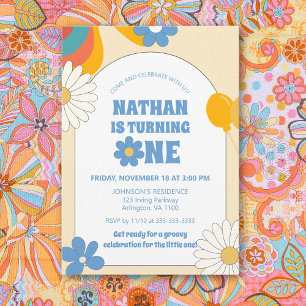 Invitation Anniversaire Beige Rétro Vinyle Groovy Floral 1ère