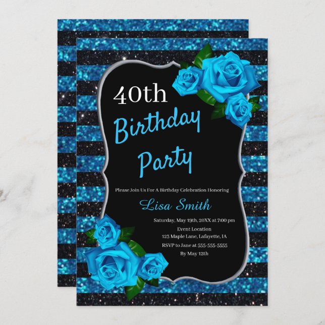 Invitation Anniversaire Black Blue Stripes Parties scintillan (Devant / Derrière)