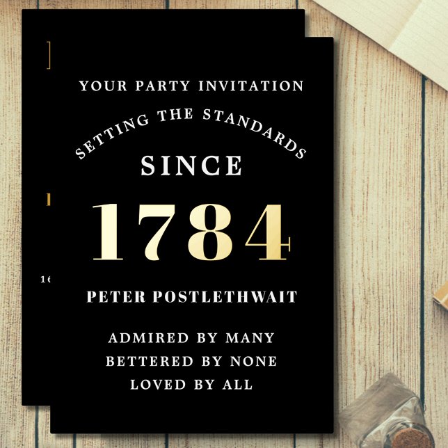 Invitation Anniversaire Black Gold Chaque année po (Gold foil birthday party invitations for men on black background. Any year with easily edited text.)