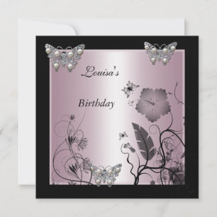 Invitation Anniversaire Black Silver Pearl Butterfly Party ro