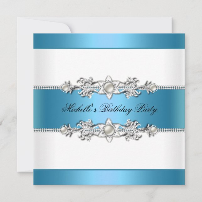Invitation Anniversaire Blanc Bleu Turquoise Perle Bijou (Devant)