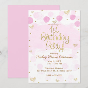 Invitation Anniversaire blanc de pois et de coeurs d'or rose