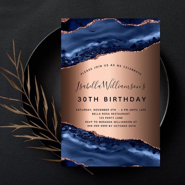 Invitation Anniversaire bleu agate marbre rose or luxe (Créateur téléchargé)