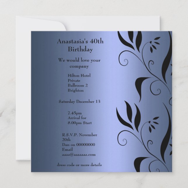 Invitation Anniversaire Bleu avec Floral Noir (Devant)