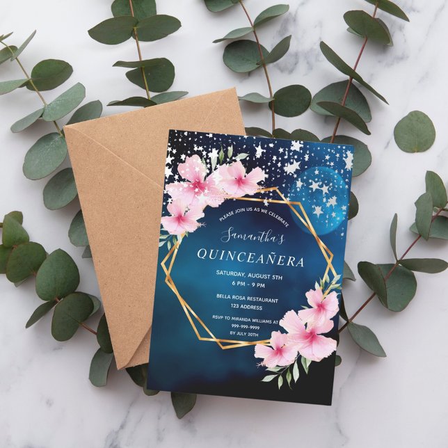 Invitation Anniversaire bleu ciel étoiles rose floral or géom (Créateur téléchargé)