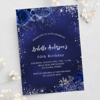 Anniversaire bleu marine fleurs argent brillant lu