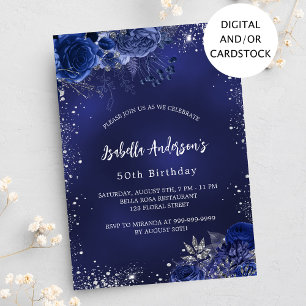 Invitation Anniversaire bleu marine fleurs argent éclat