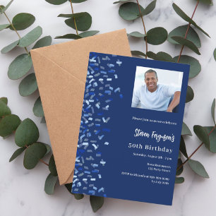 Invitation Anniversaire bleu marine photo confetti