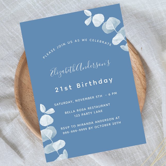 Invitation Anniversaire bleu poussiéreux eucalyptus luxe (Créateur téléchargé)