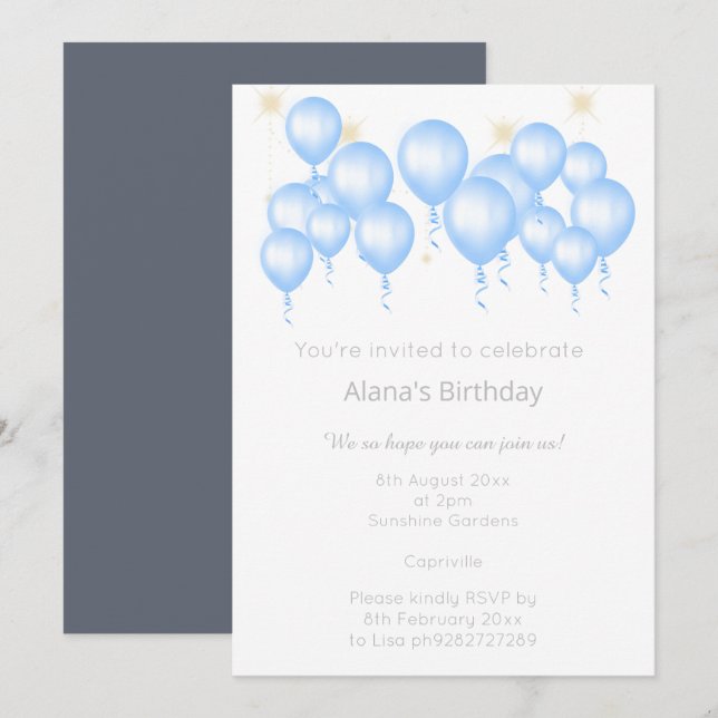 INVITATION ANNIVERSAIRE BLEUE BALLOON MODERNE ET ÉLÉGANT (Devant / Derrière)