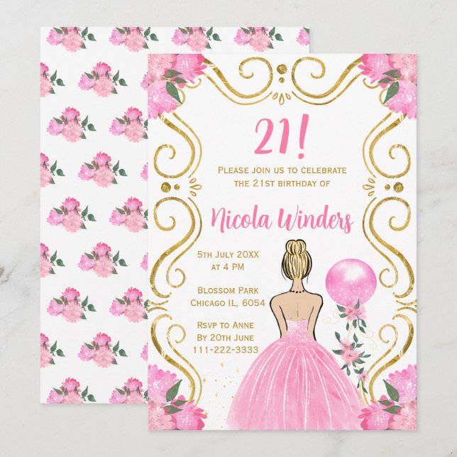 Invitation Anniversaire Blonde Princesse en rose (Devant / Derrière)