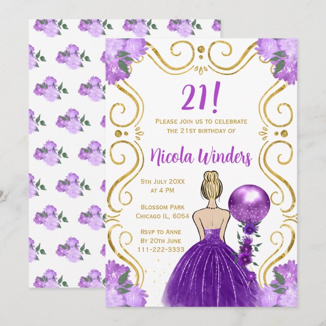 Invitation Anniversaire Blonde Princesse en violet (Devant / Derrière)