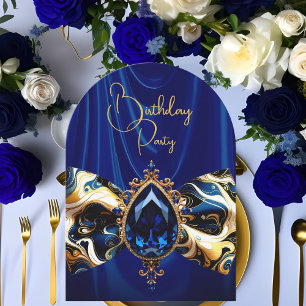 Invitation Anniversaire Blue Silk Faux Gold Jewel Paisley