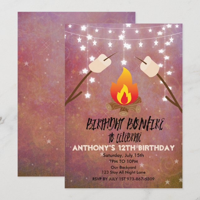 Invitation Anniversaire Bonfire Campout Anniversaire (Devant / Derrière)