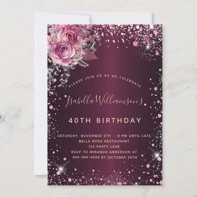 Invitation Anniversaire bordeaux rose parties scintillant pou (Devant)