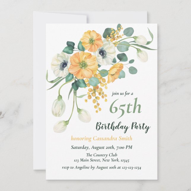 Invitation Anniversaire botanique de l'orange et de l'anémone (Devant)