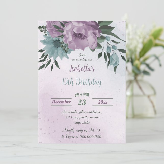 Invitation anniversaire botanique des fleurs bleues violettes (Debout devant)