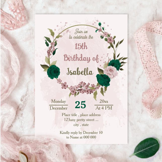 Invitation anniversaire botanique des fleurs rose vert émerau (Créateur téléchargé)