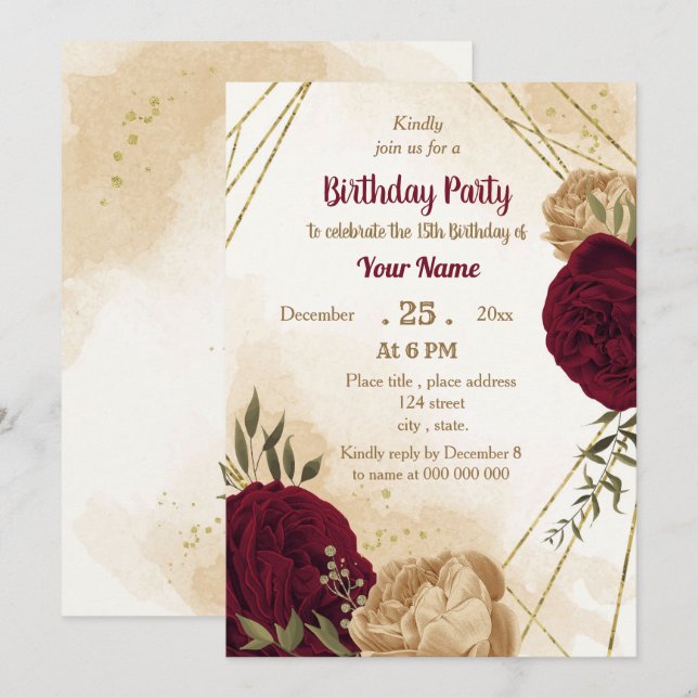 Invitation Anniversaire botanique en or beige vert marron (Devant / Derrière)