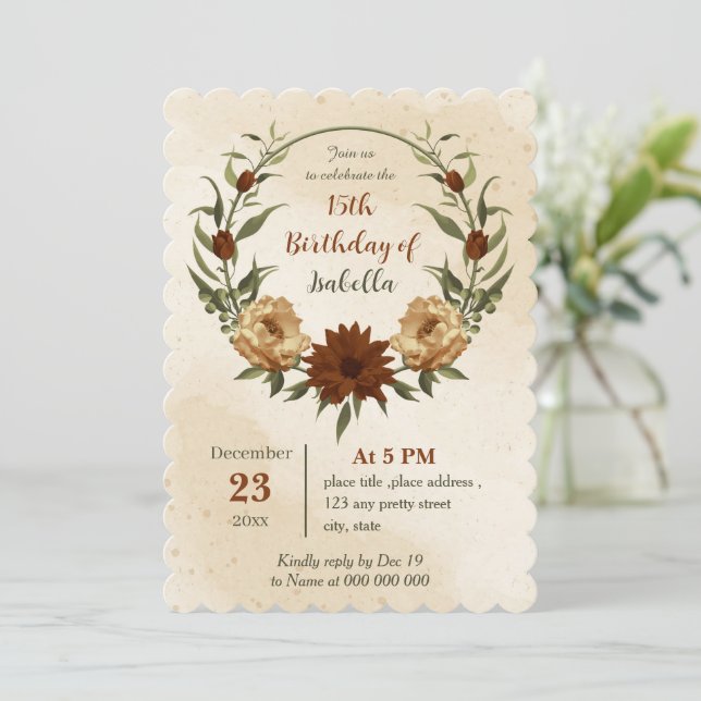 Invitation anniversaire botanique fleuri en terre cuite rusti (Debout devant)