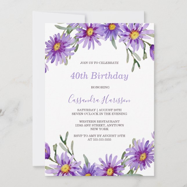 Invitation Anniversaire botanique floral de Violet Aster (Devant)