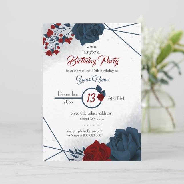 Invitation anniversaire botanique marine et florale rouge élé (Debout devant)