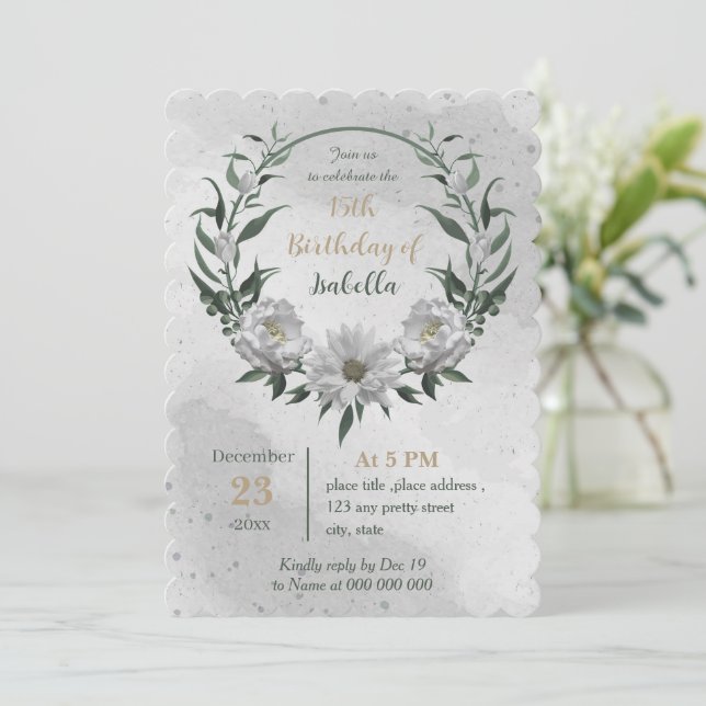 Invitation anniversaire botanique romantique de fleurs blanch (Debout devant)
