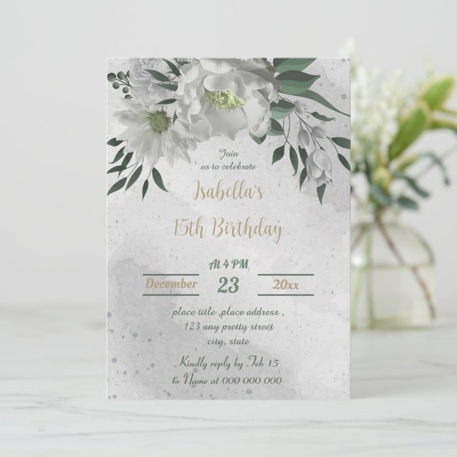 Invitation anniversaire botanique romantique de fleurs blanch (Debout devant)