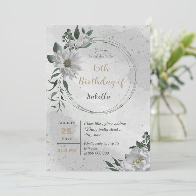 Invitation anniversaire botanique romantique de fleurs blanch (Debout devant)