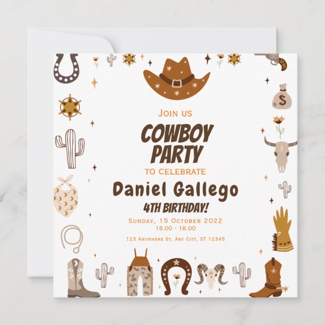 Invitation Anniversaire Brown Cute Cowboy (Devant)