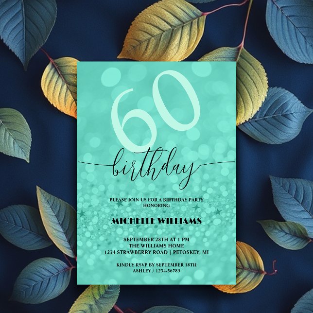 Invitation Anniversaire Calligraphie Turquoise Paillettes Arg (Créateur téléchargé)