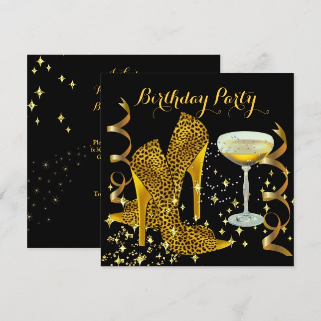 Invitation Anniversaire Champagne Gold Leopard Heels (Devant / Derrière)