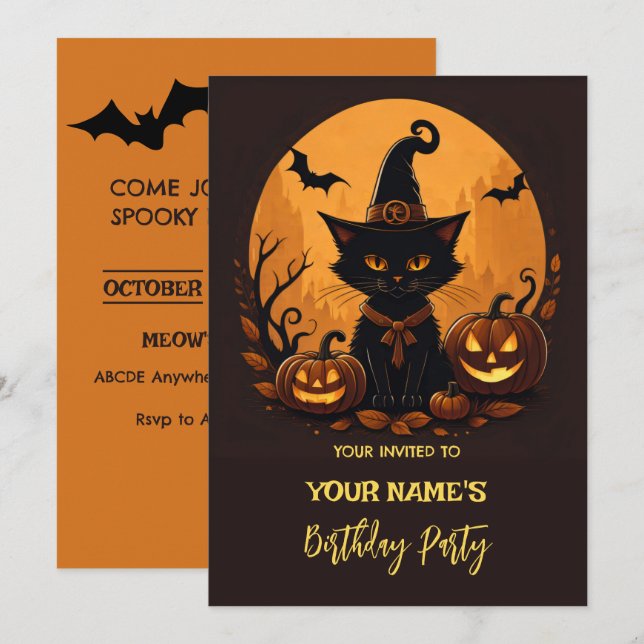 Invitation Anniversaire chat halloween  (Devant / Derrière)