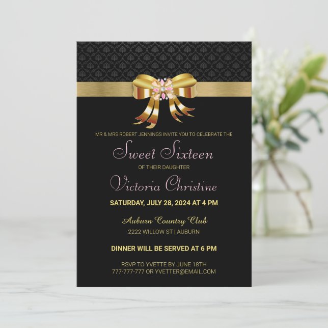 Invitation Anniversaire Chic Gold Ribbon (Debout devant)
