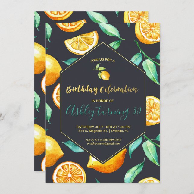 Invitation Anniversaire Chic Lemon Citrus (Devant / Derrière)
