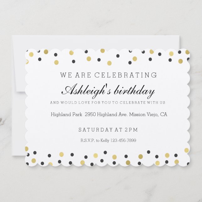 Invitation Anniversaire Chic Noir et Or Confetti (Devant)