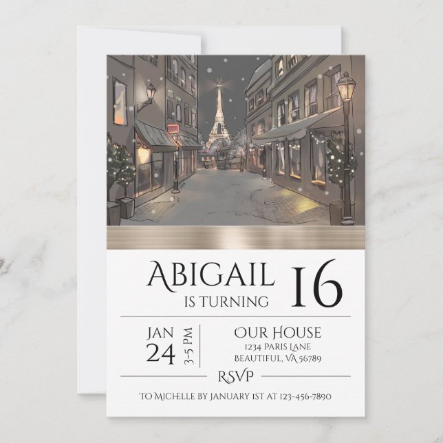 Invitation Anniversaire Chic Paris Tour Eiffel Gold (Devant)