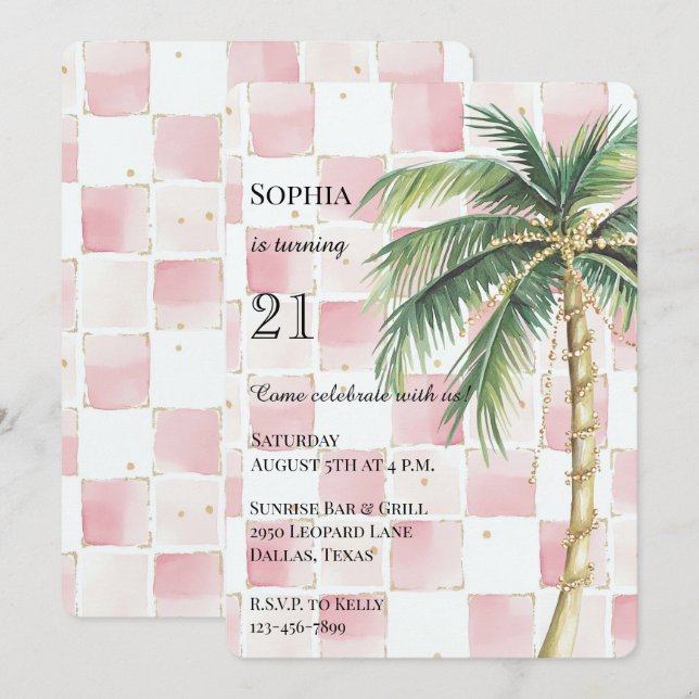 Invitation Anniversaire Chic Pink Carré Gold Palm Tree (Devant / Derrière)