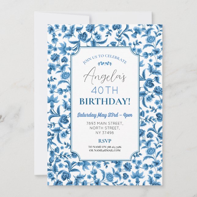 Invitation Anniversaire Chintz Blue & White Floral Ditsy (Devant)