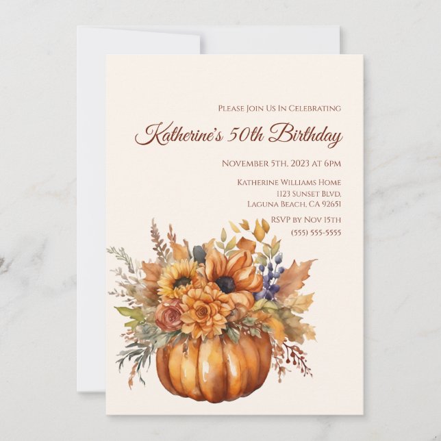 Invitation Anniversaire-Citrouille avec Fleurs- (Devant)