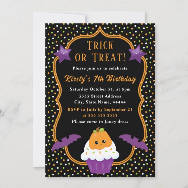 Invitation Anniversaire Citrouille Halloween Cupcake & Pois (Devant)