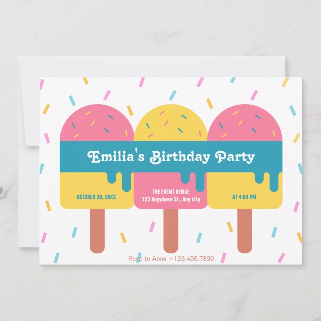 Invitation Anniversaire coloré glaces popsicle (Devant)