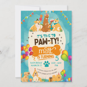 Invitation Anniversaire coloré Paw-ty mignon Chiens de chiot