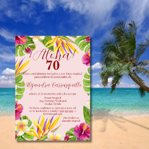 Invitation Anniversaire Coloré Rose Hawaïen Espagnol 70 Ans