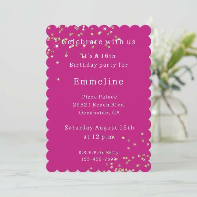 Invitation Anniversaire Confettis Étincelants Or Rose (Debout devant)