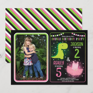 Invitation Anniversaire conjoint de dinosaure et de tutu pour