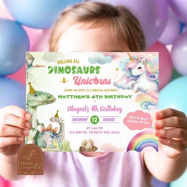Invitation Anniversaire conjoint des licornes et des dinosaur (Créateur téléchargé)