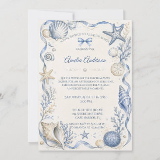 Invitation Anniversaire Coquillage Aquarelle Bleu Côtiers