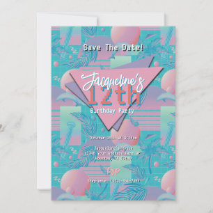 Invitation Anniversaire Coucher de Soleil Vaporwave Été Bleu